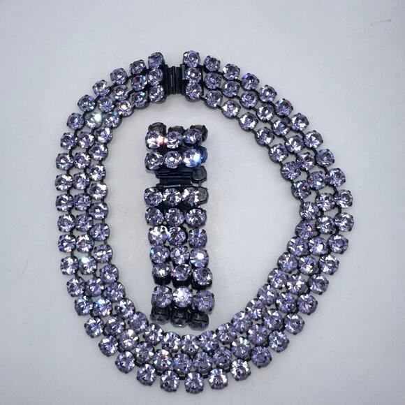 Vintage pewter tone Swarovski alexandrite rhinestones necklace bracelet parure - Picture 5 of 11